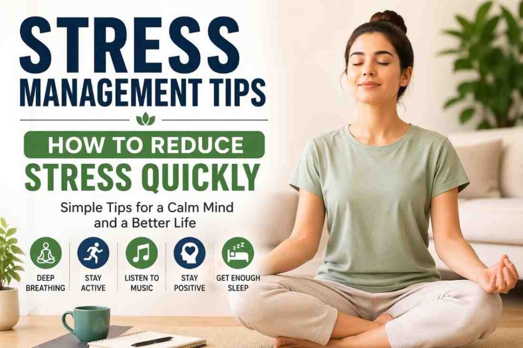 Stress management tips illustration showing a woman meditating with techniques to reduce stress quickly like deep breathing and staying active